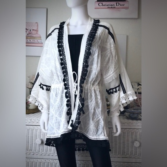 Jonathan Simkhai 100% cotton lace cardigan in cream & black colors size Small - Picture 1 of 9
